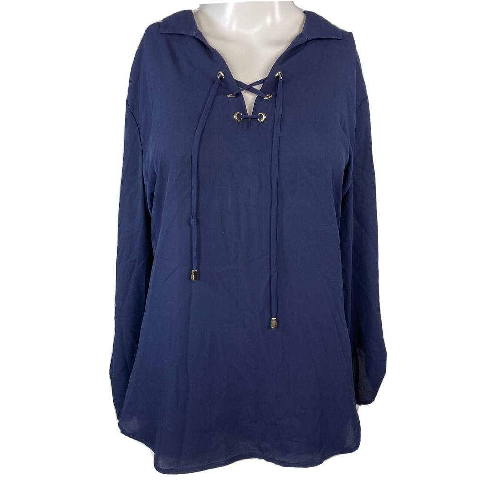 Chicos Shirt Womens Sz 1 M 8 Navy Blue Lace Up Corset Neck Long Sleeve Popover